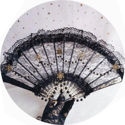 Lolita Goddess KC Sun Hand Fan Gothic Angel Wing Feather Rose Bead Chain Lace Flower Black Folding Fan Dance Wedding Decoration