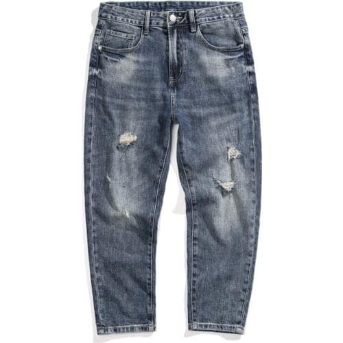 Mens Ripped Jeans Blue Stretch Distressed Broken Hole Streetwear Cropped Pants Denim Jeans Baggy Leg Ankle-Length Pants Hombre