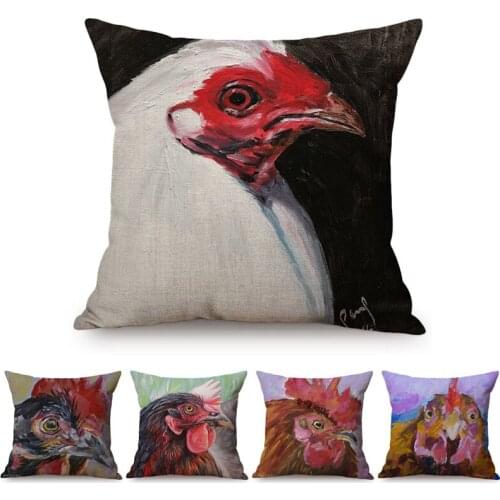 Hen Rooster Colorful Oil Painting Art Sofa Decoration Cushion Cover Rural Poultry Chicken Style Cotton Linen Square Pillow Case