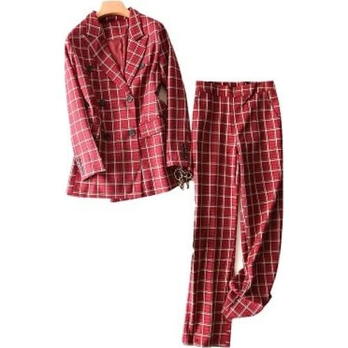 New Women Blazer Two Piece Sets Long Sleeve Blazer Coat Tops Straight Leg Pants Office Lady Suit Plaid Print Two Piece Set