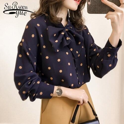 Long Sleeve Shirt Women Blouses 2021 Chiffon Blouse Shirt Bow V-neck OL Blouse Women Plus Size Shirt Korean Fashion Clothes 1206