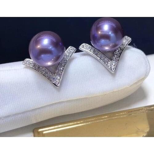 D109 Pure 925 Sterling Silver Fine Jewelry Fresh Water 7-8mm Purple Pearls Stud Earrings for Women Fine Pearl Earrings