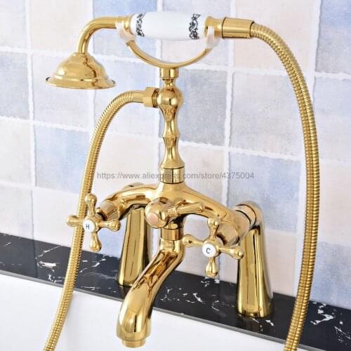 Bathtub Faucets Gold Color Brass Shower Faucets Dual Handle Deck Mounted Bath And Shower Faucet With Handheld Showers Ntf776