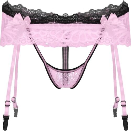 Mens Lingerie Sissy Panties Bowknot Crotchless T-Back Underwear with Adjustable Garter Belt G-String Lace Skirted Thongs Briefs