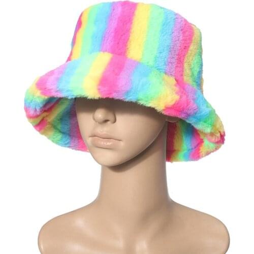 2021 Winter Striped Rainbow Fisherman Hats For Women Print Warm Female Faux Fur Caps Simple Soft Velvet Dome Fashion Bucket Hat