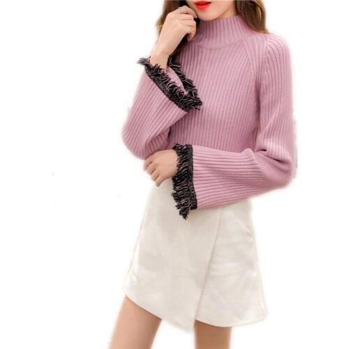 Long Flare Sleeve Women Blouses 2018 Warm Turtleneck Women Knitted Tops Pullovers Female Slim With Tassels Thicken KnitwearQ1152