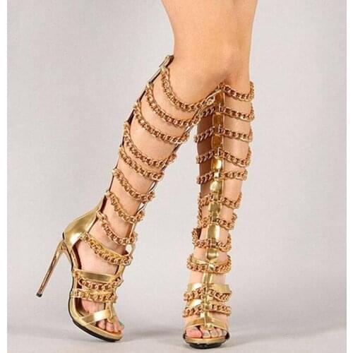 Summer Women Sexy Gold Silver Knee High Boots Women Chain Sandals Cut Outs Zip High Heels Gladiator Sandal Boots Big size 35-43