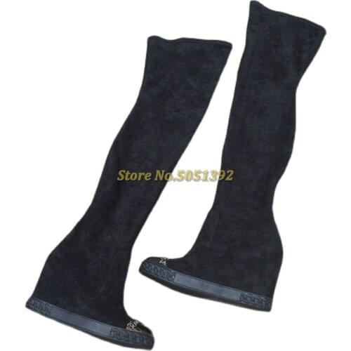 Suede Long Boots Height Inrease Metal Pointed Toe Over The Knee Round Toe Dress Women Boots Slip On Wedges Winter Boots