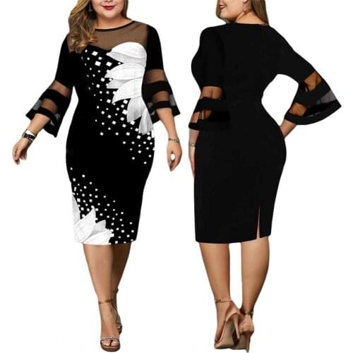Women Dress Digital Print Mesh Patchwork Elegant Flare Sleeve Mid-Calf Bodycon Dress for Wedding