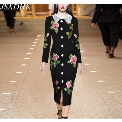 2021 New Luxury Rose Flower Autumn Dress Runway Women Lace Peter Pan Collar Floral Embroidery Button Pencil Party Midi Dresses