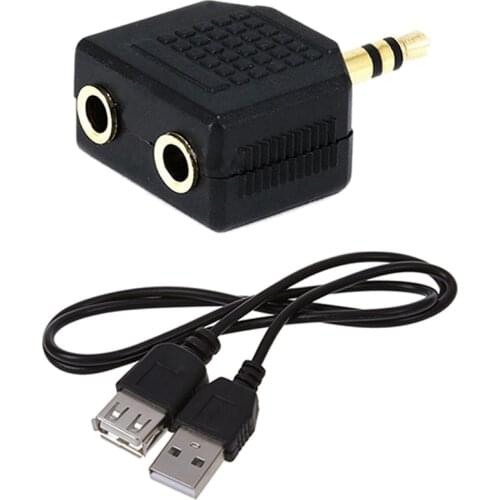 1 Pcs Gold Plated 3.5mm Jack Splitter Adapter - Black & 1 Pcs USB 2.0 Extension Cable A-A Male to Female Connector