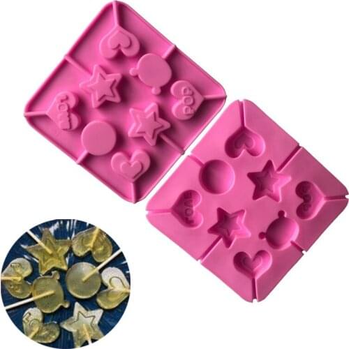6 Hole Heart-Shaped Lollipop Silicone Mold Stars Chocolate Mold Jely Candy Soap Molds Cake Decoration Baking Tools With Sticks