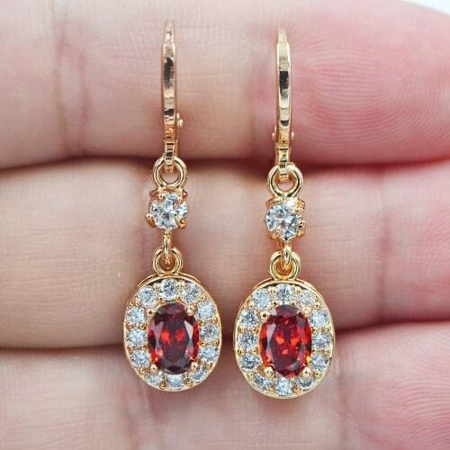 AAA+ Cubic Zirconia Gold Color Fashion Women Oval Red CZ Dangle Wedding Earrings Jewelry