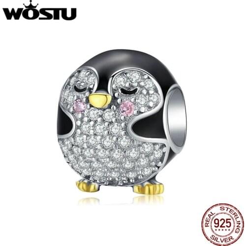 WOSTU 925 Sterling Silver Chubby Penguin Bead Zircon Black Charms Fit Original Bracelet Necklace For Women Lovely Jewelry BNC126