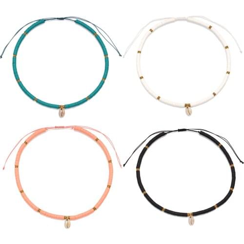 Boho 6mm Polymer Clay Record Heishi Beads Natural Cowrie Seashell Adjustable Choker Women Girl White Black Cord Surfer Necklace