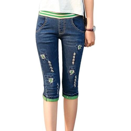 Summer Elastic Waist Cuffs Denim Capri Jeans Women Ripped Hole Patch Streetwear Jean Shorts Skinny Stretch Knee Length Pants