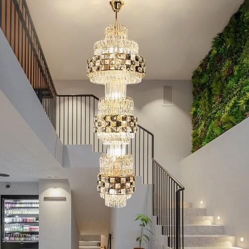 European Long Multi-circle Crystal Crystal Chandelier Villa Spiral Stair way Crystal Chandeliers Lights Fixture Dia55cm H180cm