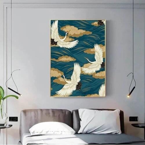 Chinese Style Crane and Clouds Art Abstract Bird Canvas Painting Poster and Print Wall Art Picture for Living Room Decor Cuadros