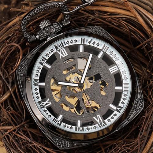 Steampunk Carved Black Mechanical Pocket Watch Men Vintage Skeleton Square Roman Numerals Necklace Hand Watch Men Women Pendant