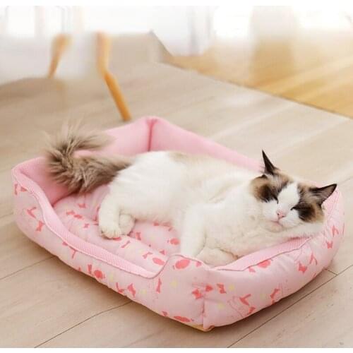 Cute Cartoon Cat Bed House Soft Breathable Sleeping Sofa Cooling Dog Mats Pet Supplies