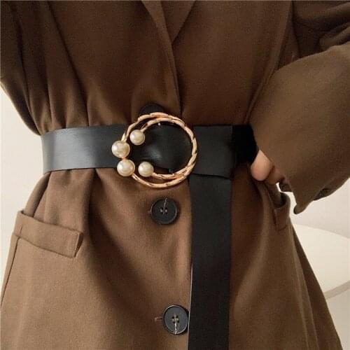 Fashion Wide Belt Black Leather Pearls Double Ring Metal Buckle Women Waistband for Dress Suits Coat Winter Autumn Waist Belts