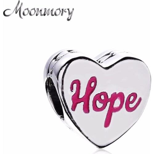Moonmory Pink Hope Ribbon Real 925 Sterling Silver Charm Bead Hearts Shape Fit Brand Bracelet DIY Jewelry Accessory New Gifts