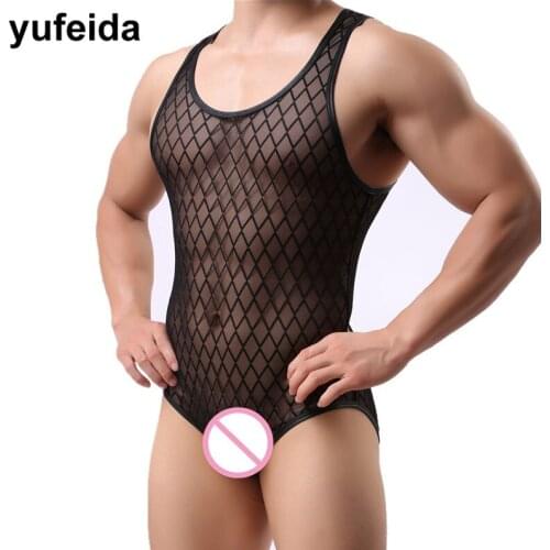 Mens Undershirts Mesh Leotard Transparent Jumpsuit Mens Underwear Gay Bodysuit One-piece U-Convex Pouch Briefs Wrestling Singlet