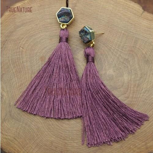 New Purple Color Long Silk Tassel Fringe Pendant Earrings Hexagonal Shape Rainbow Charm Druzy Stud Earrings 3.5 inch ER9228