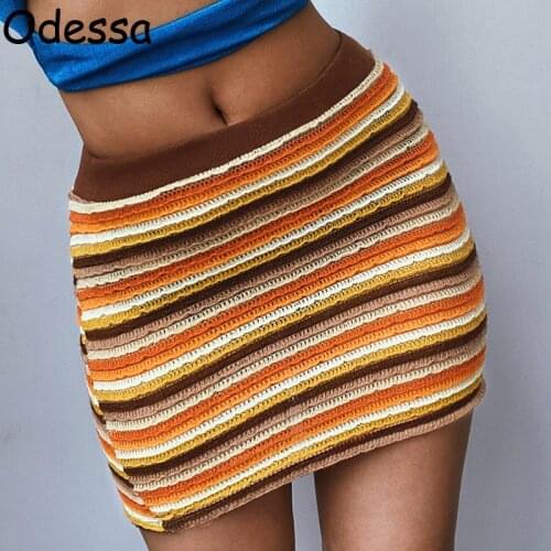 Odessa Orange Summer Colorful Stripe Knit Mini Skirts Womens 2021 Fashion Green 90S Aesthetic Sexy Y2K Pencil Skirt Casual Brown