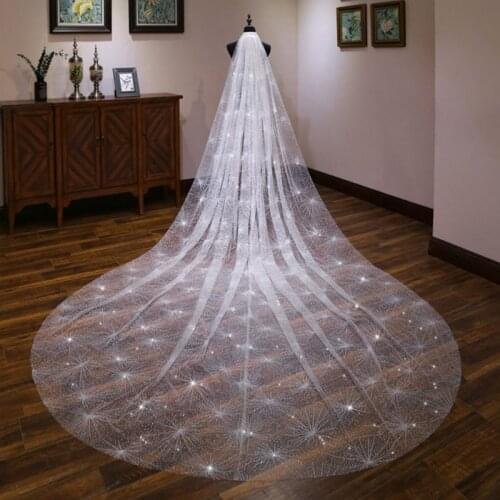 One-Layer Women White Trailing Long Wedding Veil Seashell Spray Glitter Rhinestone Cut Trim Luxury Starry Sky Bridal Veil