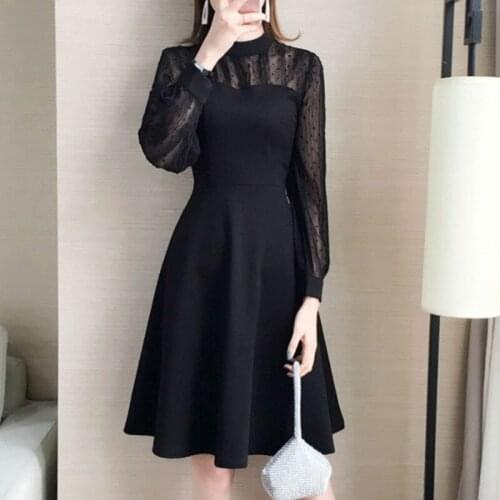 2020 Autumn Women Black Dress Vintage Mesh Patchwork High Waist Slim Fit Lady Dress Long Sleeve Plus Size Korean Style Vestidos