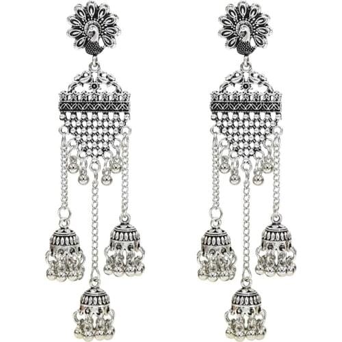 Vintage Gold Silver Color Metal Peacock Drop Earrings for Women Female Ethnic Indian Jhumka Earring Tribal Party Jewelry Gift