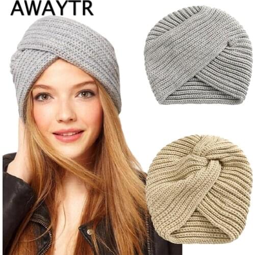 AWAYTR Women Knitting Turban Headbands Cap Autumn Winter Warm Headwear Casual Elastic Turba Female Muslim Crossed ndian Hats