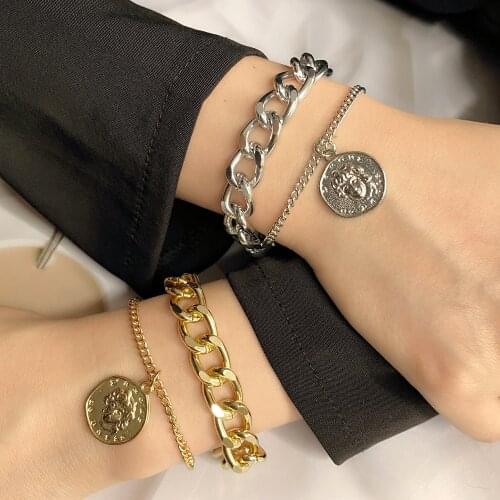 FNIO Punk Gothic Lock Bracelets Female Knot Flower Bracelet Bangles for Women 2021 Fashion Gold Coin Jewelry