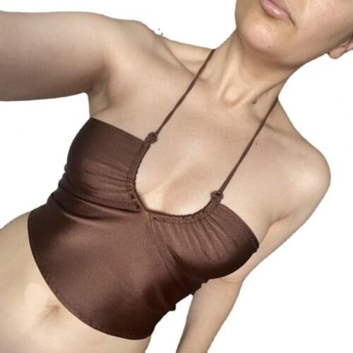 Summer Top Women Sexy Cross Halter Back Straps Polyester V-neck Brown Vest Beach Summer Top Streetwear Women Clothes 2021
