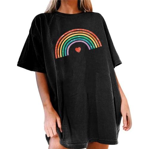2021 Womens Tops Rainbow Pattern Printed Round Neck Short-sleeved T-shirt Graphic Tee Omighty Aesthetic Clothes
