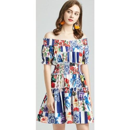 2021 Summer Fashion Runway Slim Beach Holiday Dress Elegant Women Sexy Strapless Puff Sleeve Floral Print Party Short Dress