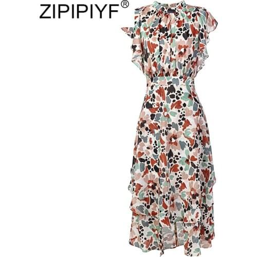 Stand Collar Butterfly Sleeve Chiffon Floral Dress Female Temperament Wear 2020 New Summer Women Ruffles Dress C097