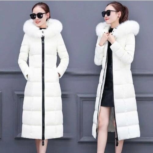 Women Winter Down Cotton Coat Big Fur Collar Jacket Female Long Hooded Over The Knee Thicken Slim Warm Cotton Jacket Plus Size