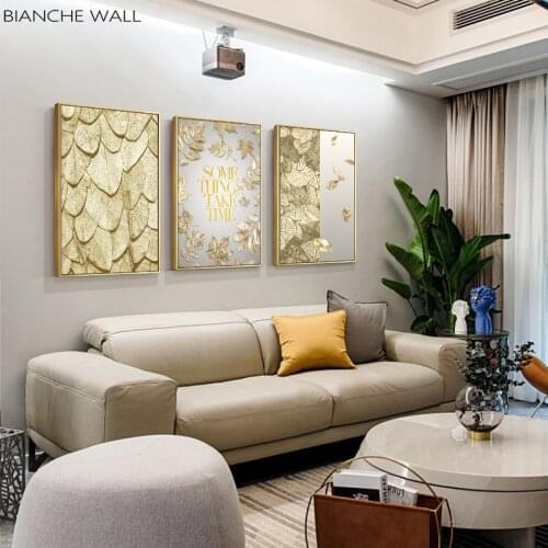 Golden Leaves Flowers Abstract Canvas Poster Nature Nordic Style Wall Art Print Painting Decorative Picture Living Room Decor