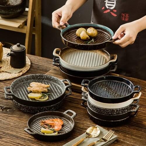 Binaural Disc Creative Japanese-style Microwave Oven Plate Baking Plate Household Western Food Plate Ceramic Plate