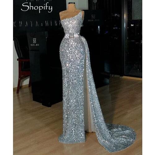 Long Silver Evening Dresses 2021 Straight High Slit African Women Floor Length Formal Evening Gowns