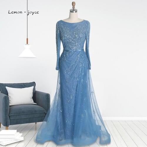 Elegant Muslim Full Lined Long Sleeves Evening Dresses 2021 O-Neck Sexy Mermaid Formal Dress Crystals Beading Woman Dress
