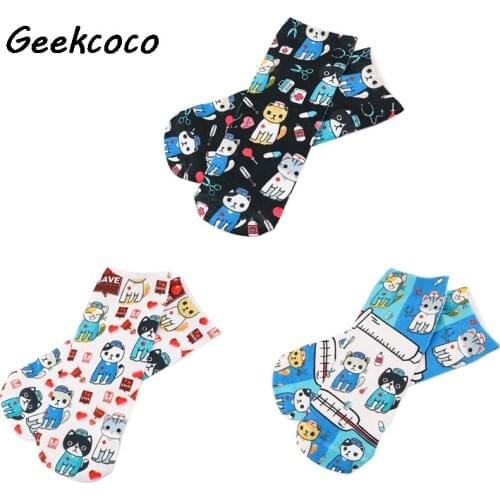 J2770 Cartoon Cat Cotton Sock Breathable Casual Short Sock Medical Pattern Ankle Sock For Doctor Nurse