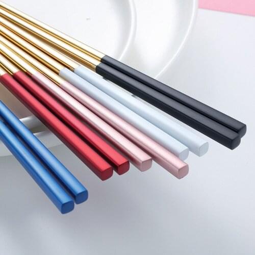 1 Pair 23.5cm Square Chopsticks SUS304 Stainless Steel Titanium Gold Sushi Hashi colorful chopstick