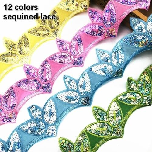 Hot 6.5cm Wide Flashing Adhesive Fine Lace Fabric Sequins Beaded Embroidered Ribbon Collar Trim Applique For Wedding Sewing Diy