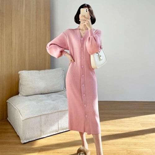 2021 autumn and winter v-neck single-breasted pit strip sweater dress lantern sleeves mid-length knitted dress long cardigan