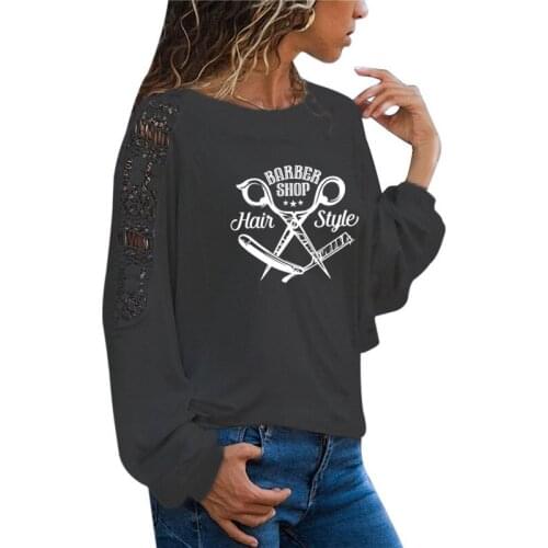 Barbershop Scissors Hair Women T-shirts Barber Long Sleeve tee shirt femme Female T shirt women Loose Lace Tee