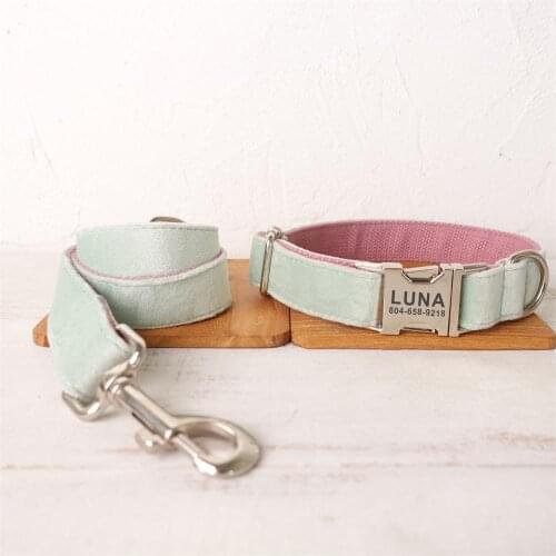 Personalized Dog Collar Custom Pet Collar Engraving ID Name Tag Pet Accessory Mint Pink Puppy Collar Leash Set