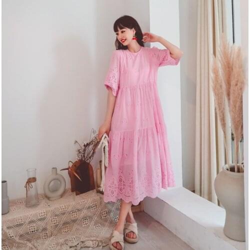 Make custom embroidery sweet long very fairy doll dress hollow out contracted posed three color lace dress